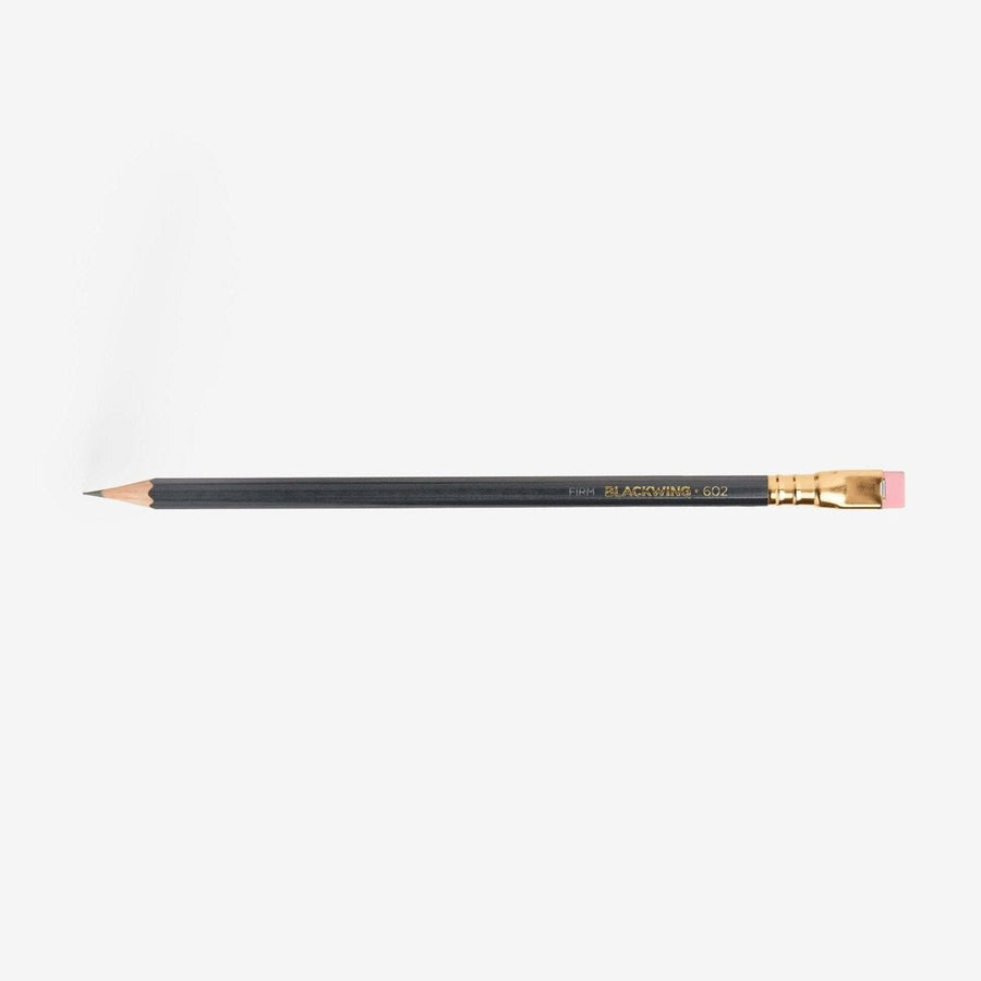 Blackwing 602 graphite pencil with its gold ferrule and pink eraser
