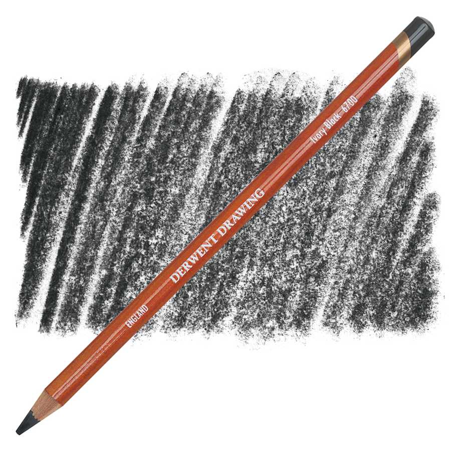 Derwent Drawing Ivory Black 6700 pencil with a black value swatch