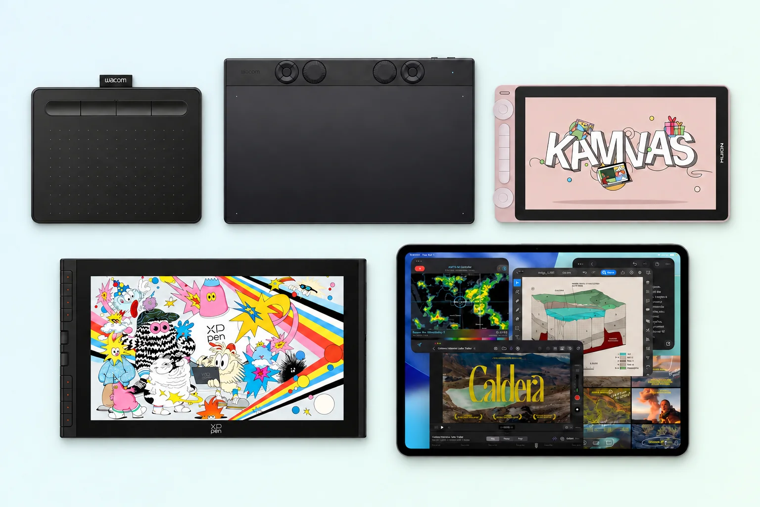 Collage of Wacom Intuos, Wacom Intuos Pro, Huion Kamvas, XPPen Artist 16 3rd, and iPad Pro tablets
