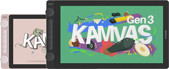 Black Huion Kamvas 16 Gen 3 in front of a pink Kamvas 13 Gen 3
