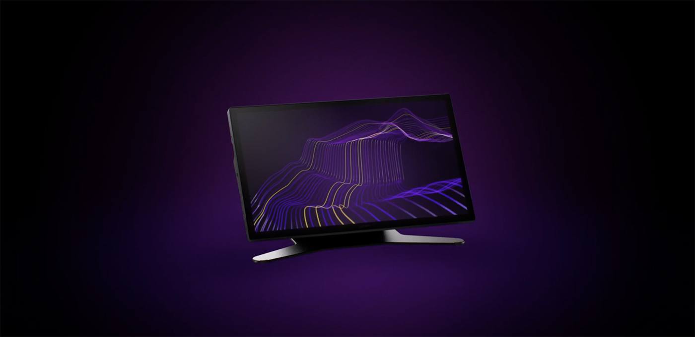 Wacom Cintiq Pro 27 pen display on its stand against a purple background