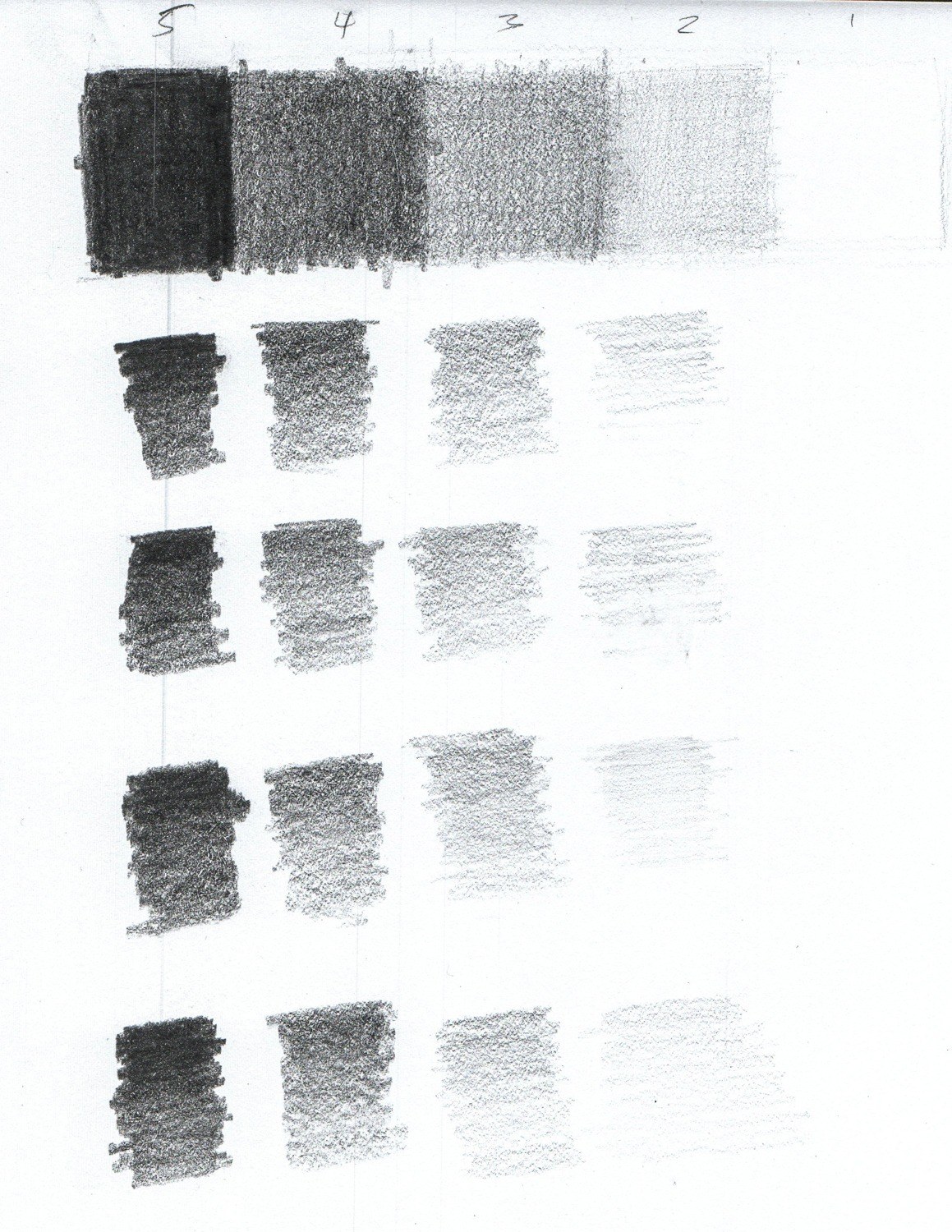 Pencil value scale and rows of shading swatches from dark to light