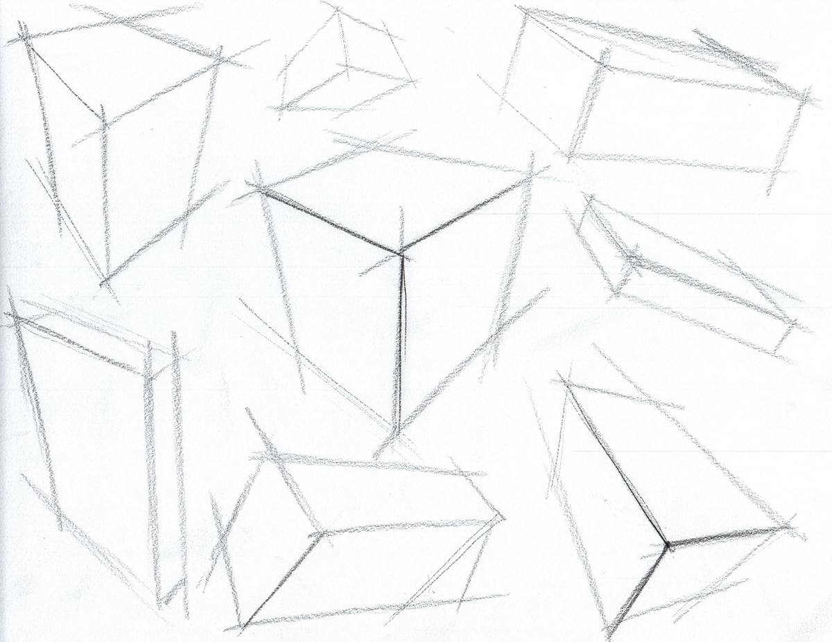 Freehand pencil cubes at different angles, with construction lines extending beyond their corners.