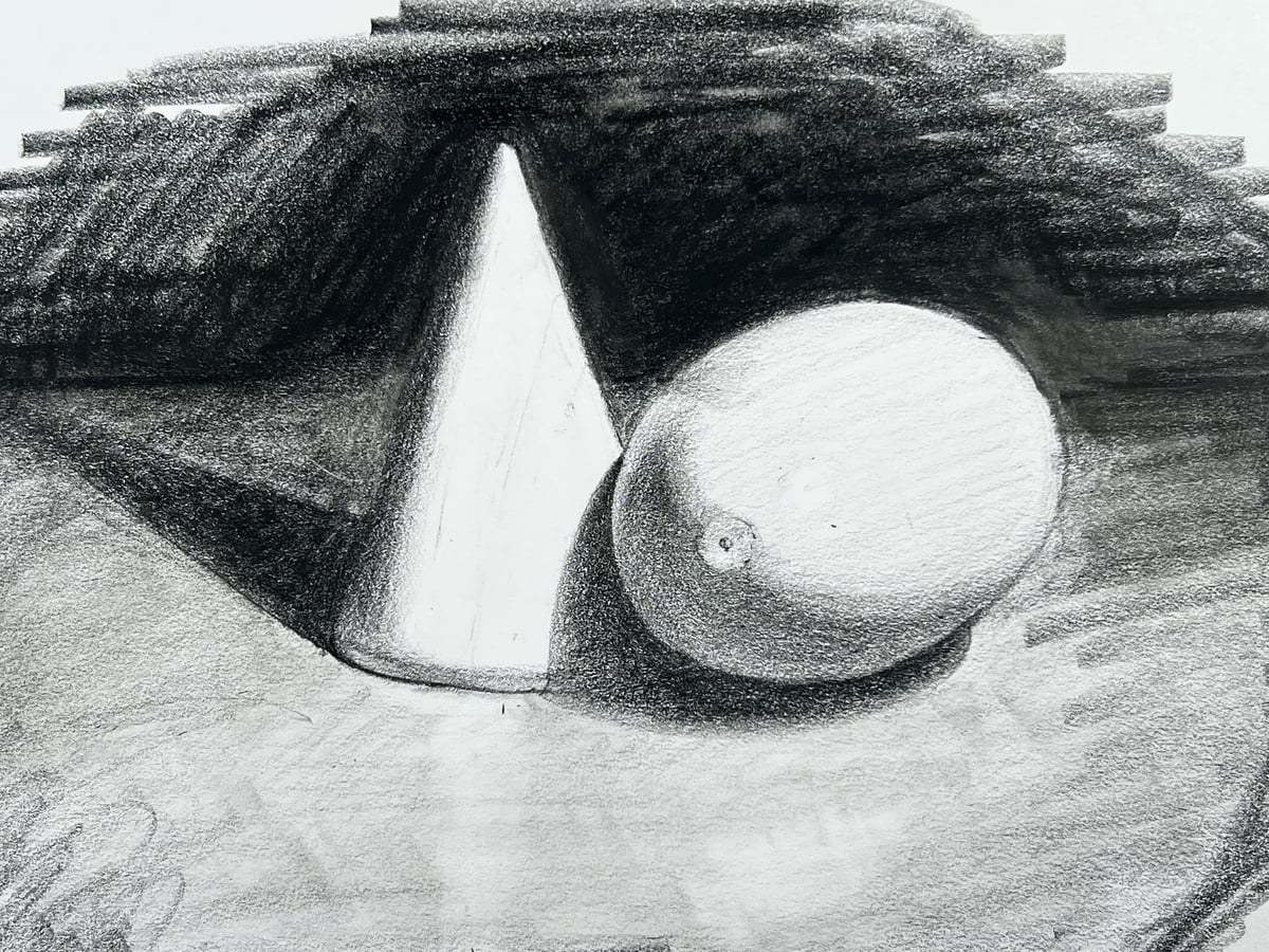 Shaded pencil study of a cone beside a rounded form, with highlights and overlapping cast shadows.