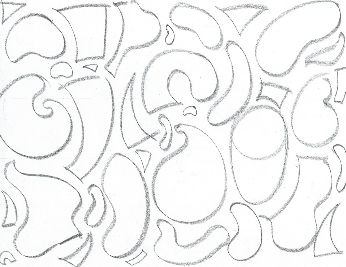 Freehand pencil outlines of organic shapes with broad curves, narrow bends, and varied line weight.