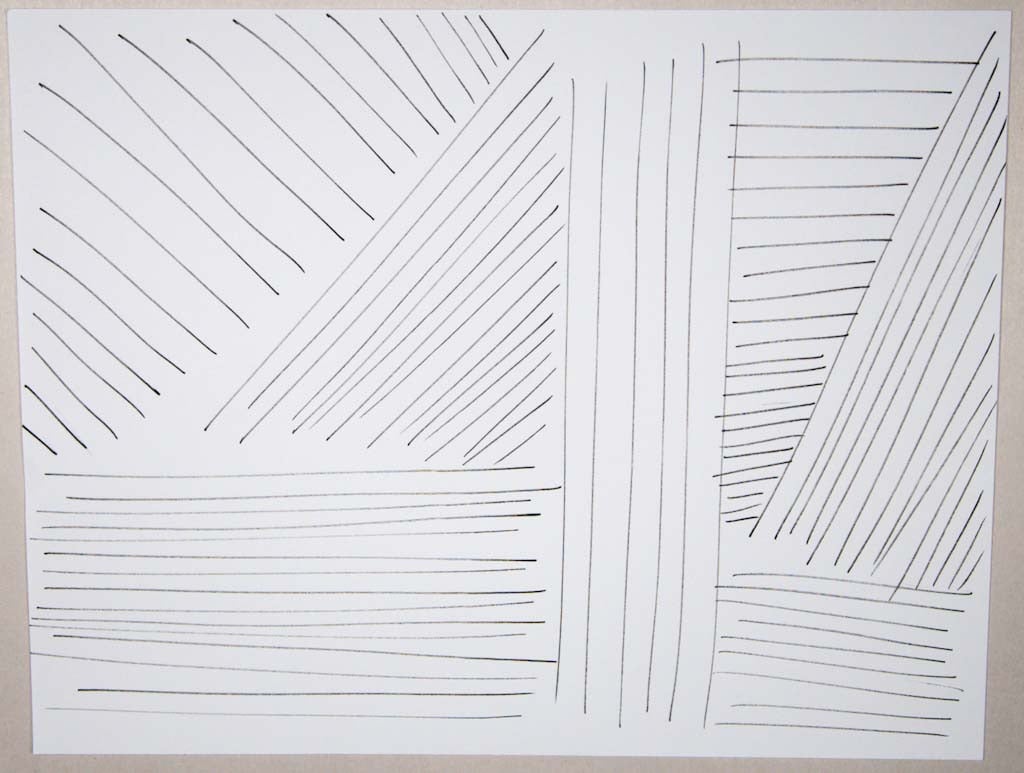 Rows of freehand horizontal, vertical, and diagonal pencil lines across a sheet of paper.