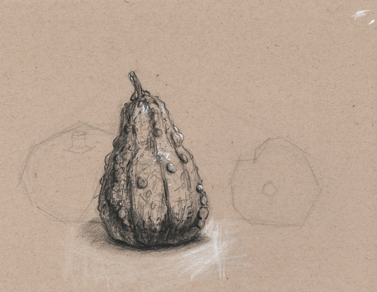 Shaded upright textured gourd on toned paper, with lightly outlined pumpkins behind it and white highlights.