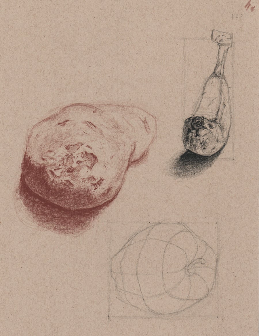 Sketchbook page on toned paper showing red and graphite gourd studies, including a lightly constructed rounded form.