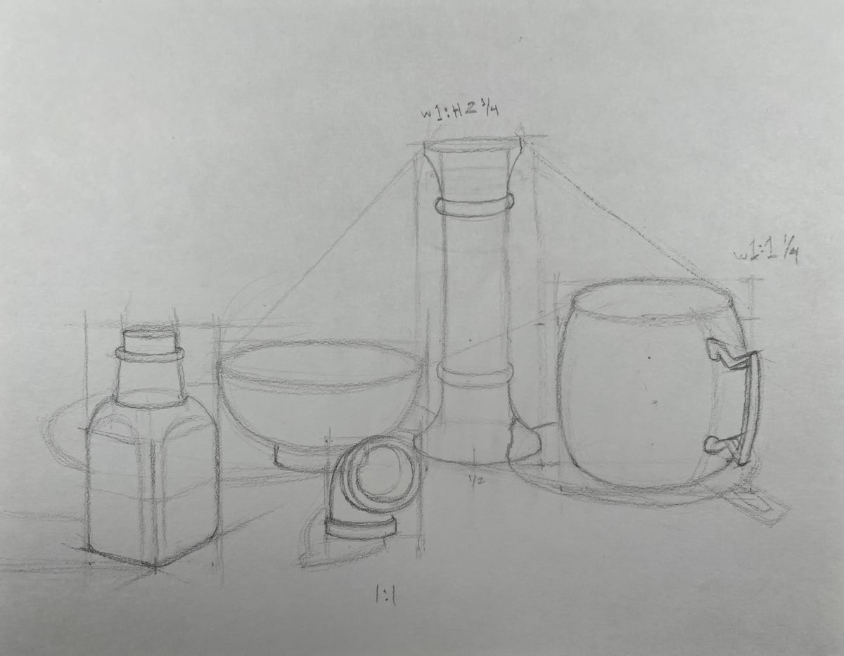 Pencil still life of a bottle, bowl, tall cylindrical object, mug, and small round object, with proportion notes and construction lines.