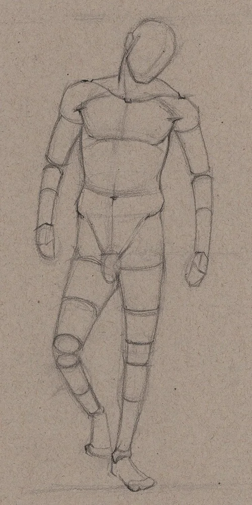 Pencil drawing of a standing figure with a tilted head, simplified ribcage and pelvis, cylindrical arms and legs, and one bent knee.